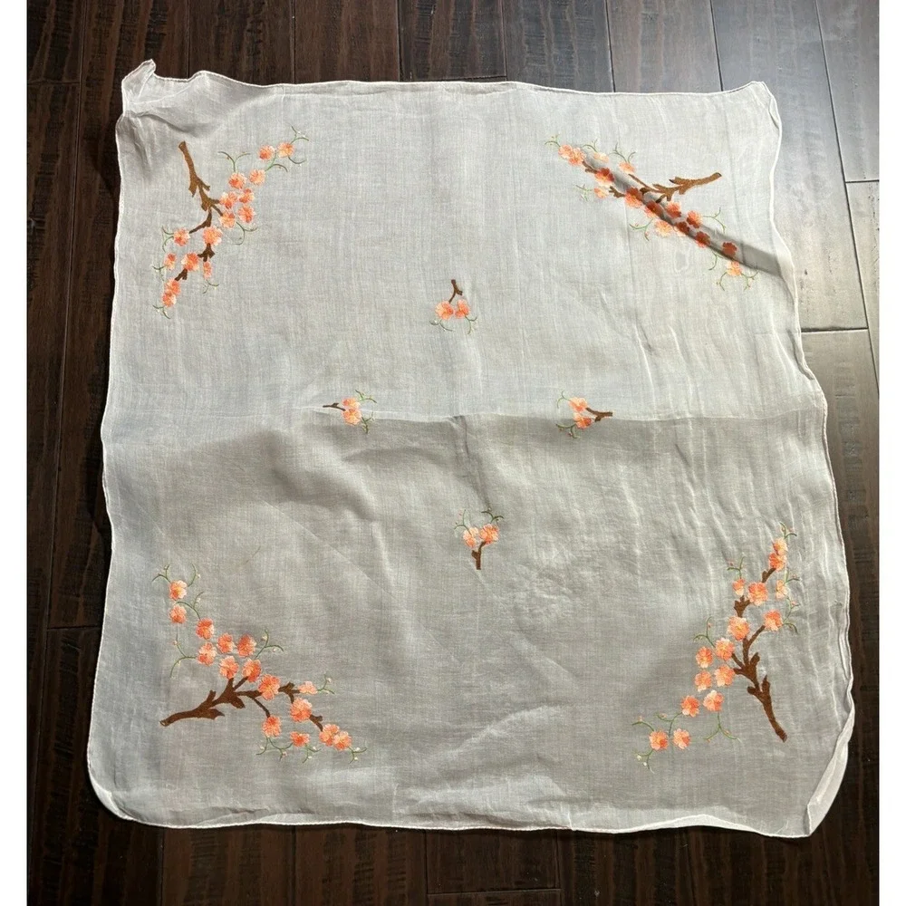Embroidered Cherry Blossom Sheer Tablecloth Dresser Scarf Tree Handmade Vintage
